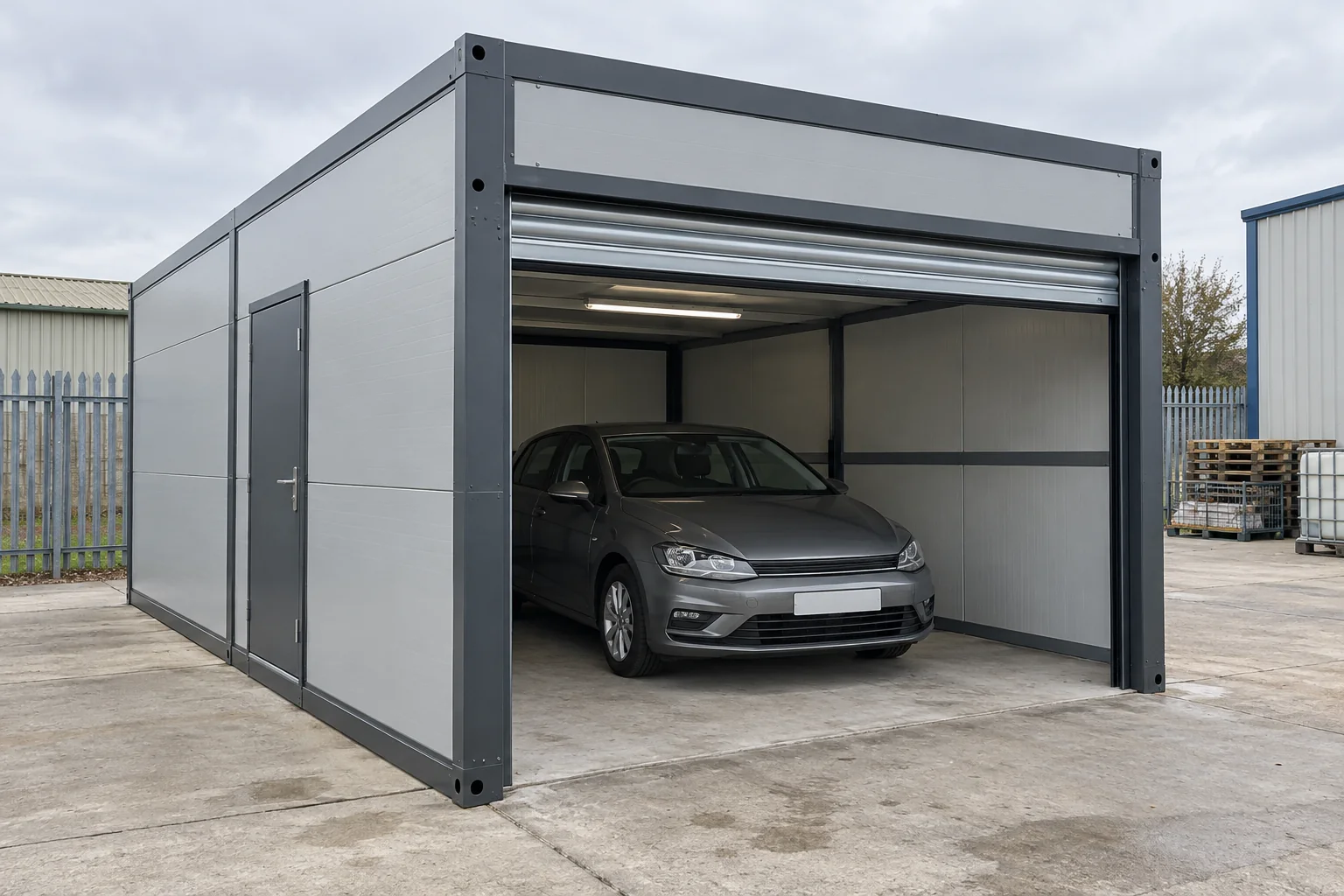Single-bay modular garage with a compact car parked inside.