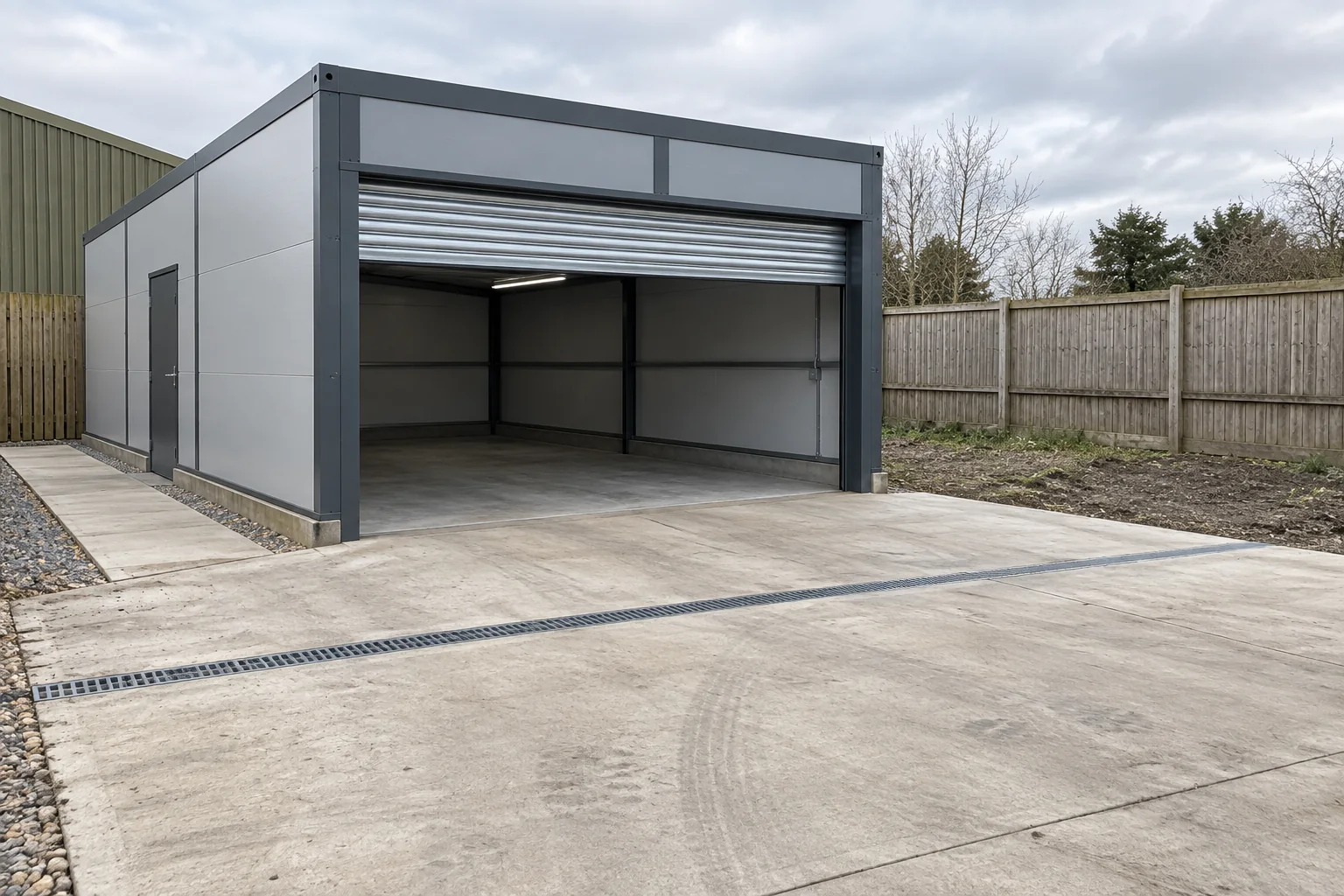 Modular garage with a concrete approach, drainage channel and separate personnel access.
