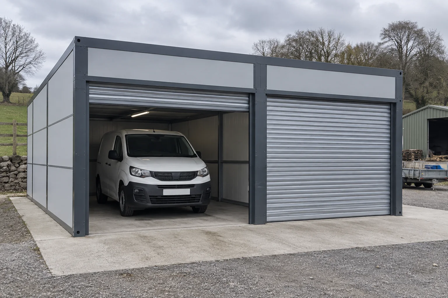 Two-bay modular garage with separate roller doors and a small van.