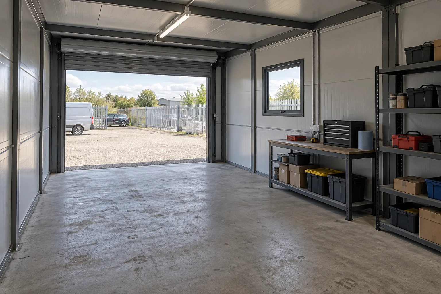 Modular garage interior with an open parking area, workbench and storage shelves.