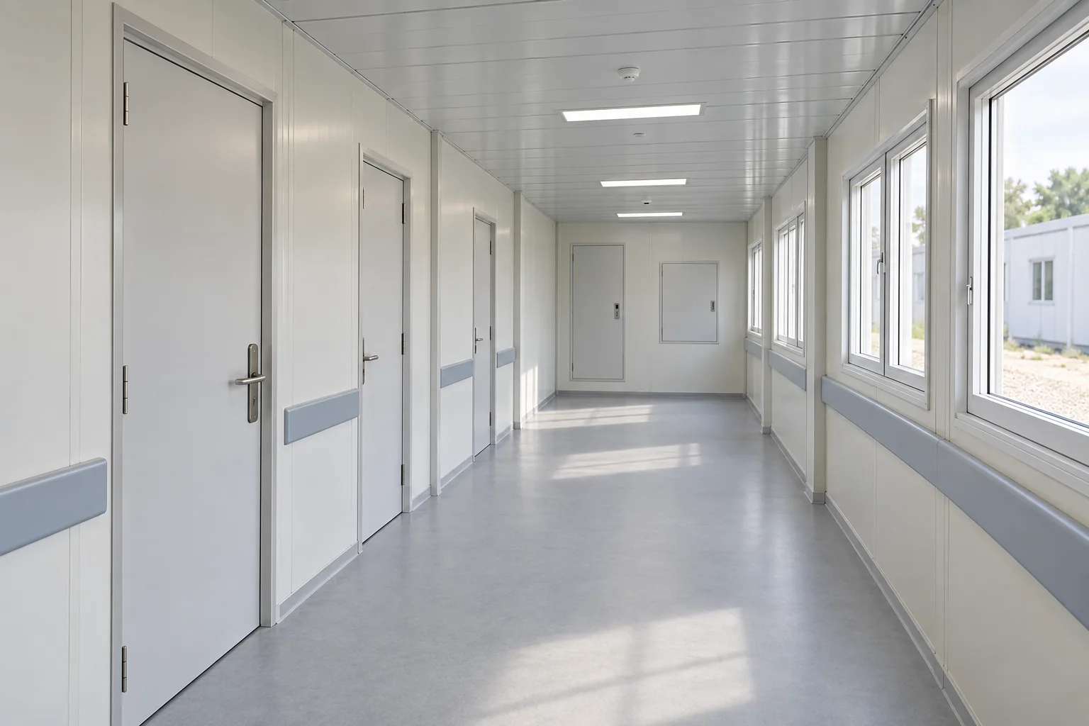 Clear connecting corridor in a modular healthcare concept
