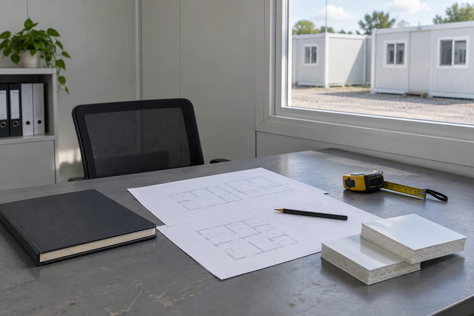 Building brief papers and material samples on a desk