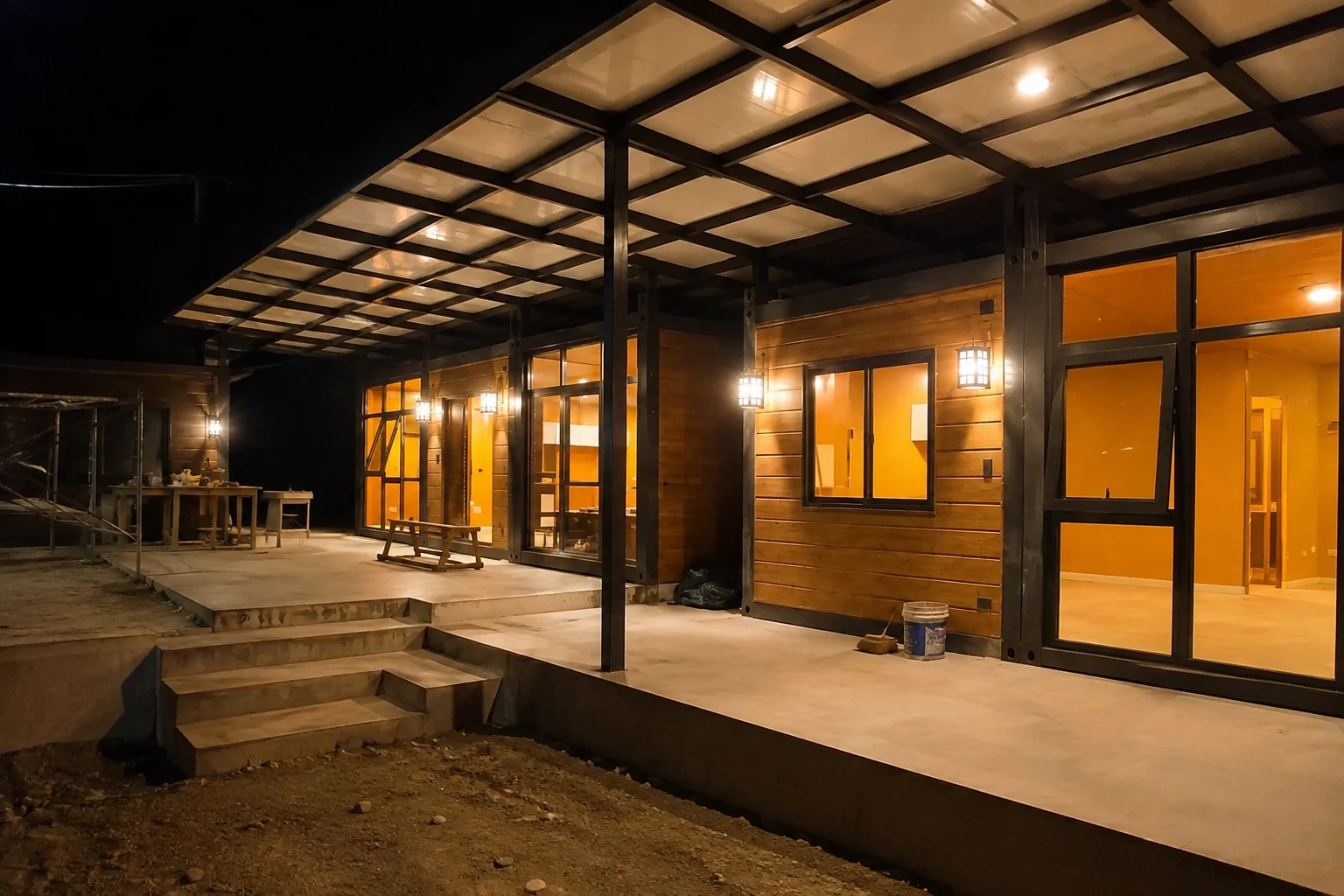 Modular accommodation building with illuminated rooms and a covered terrace at night