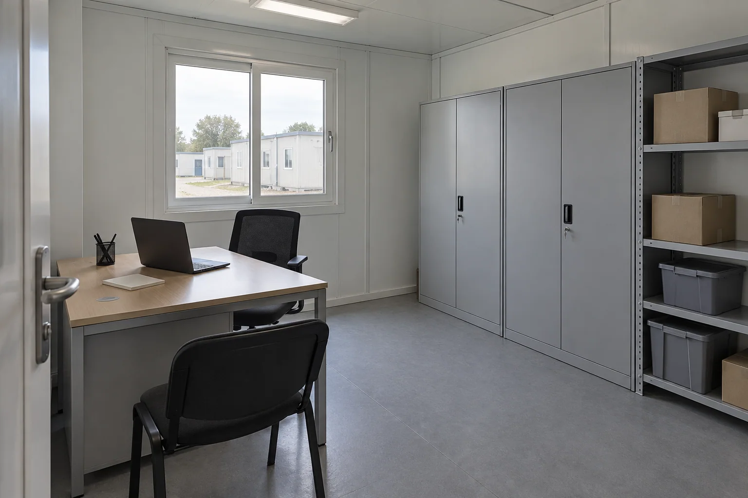 Concept staff coordination room with desk and cabinets