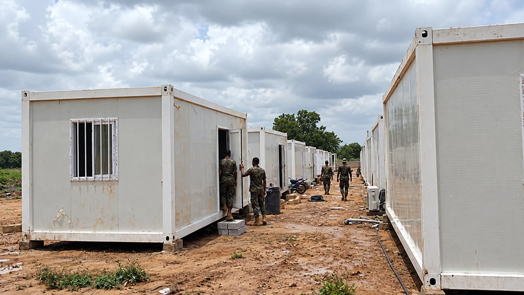 Row of white modular accommodation cabins with workers at the Niger project site
