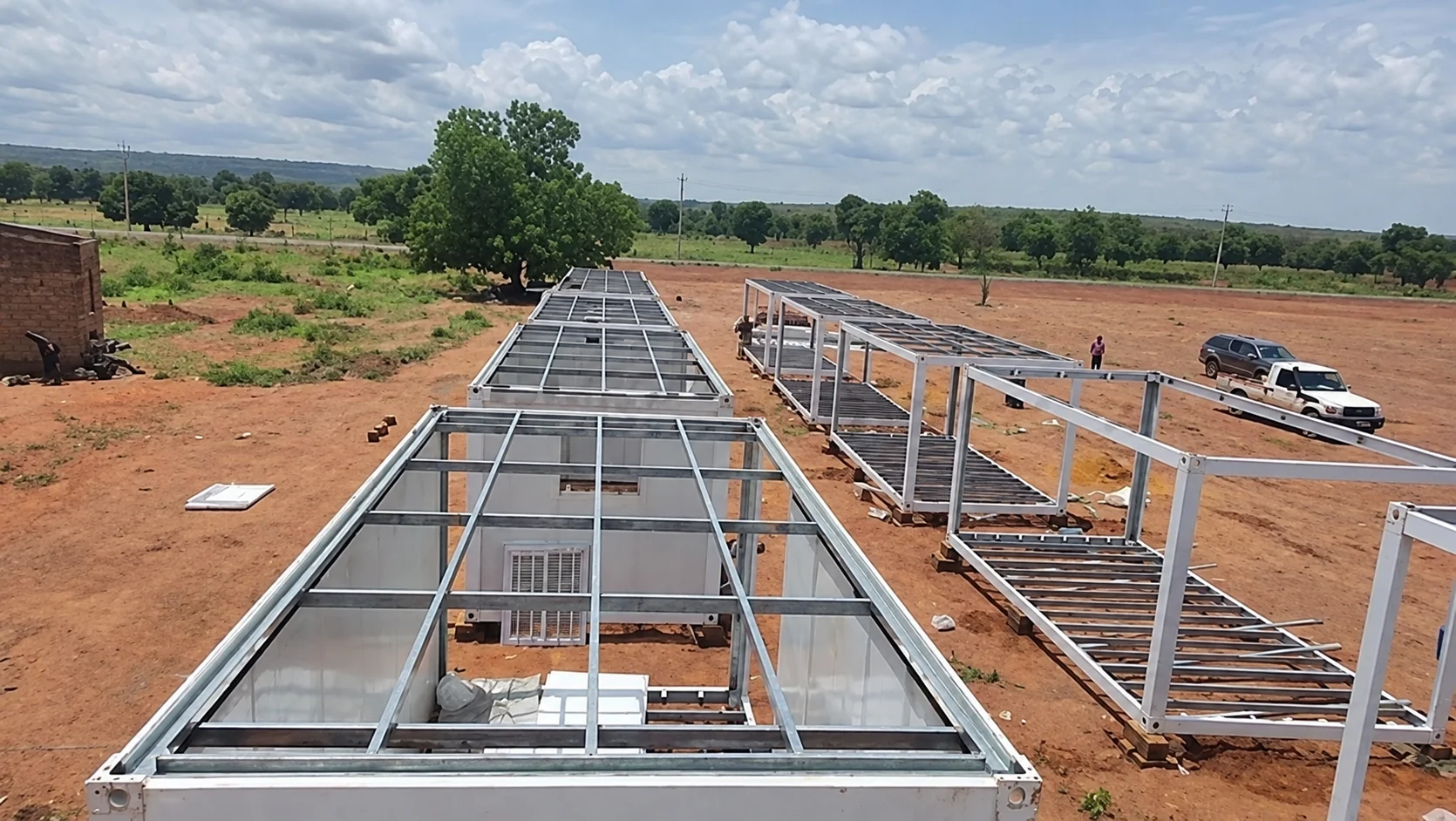 Steel module base frames viewed along the project site
