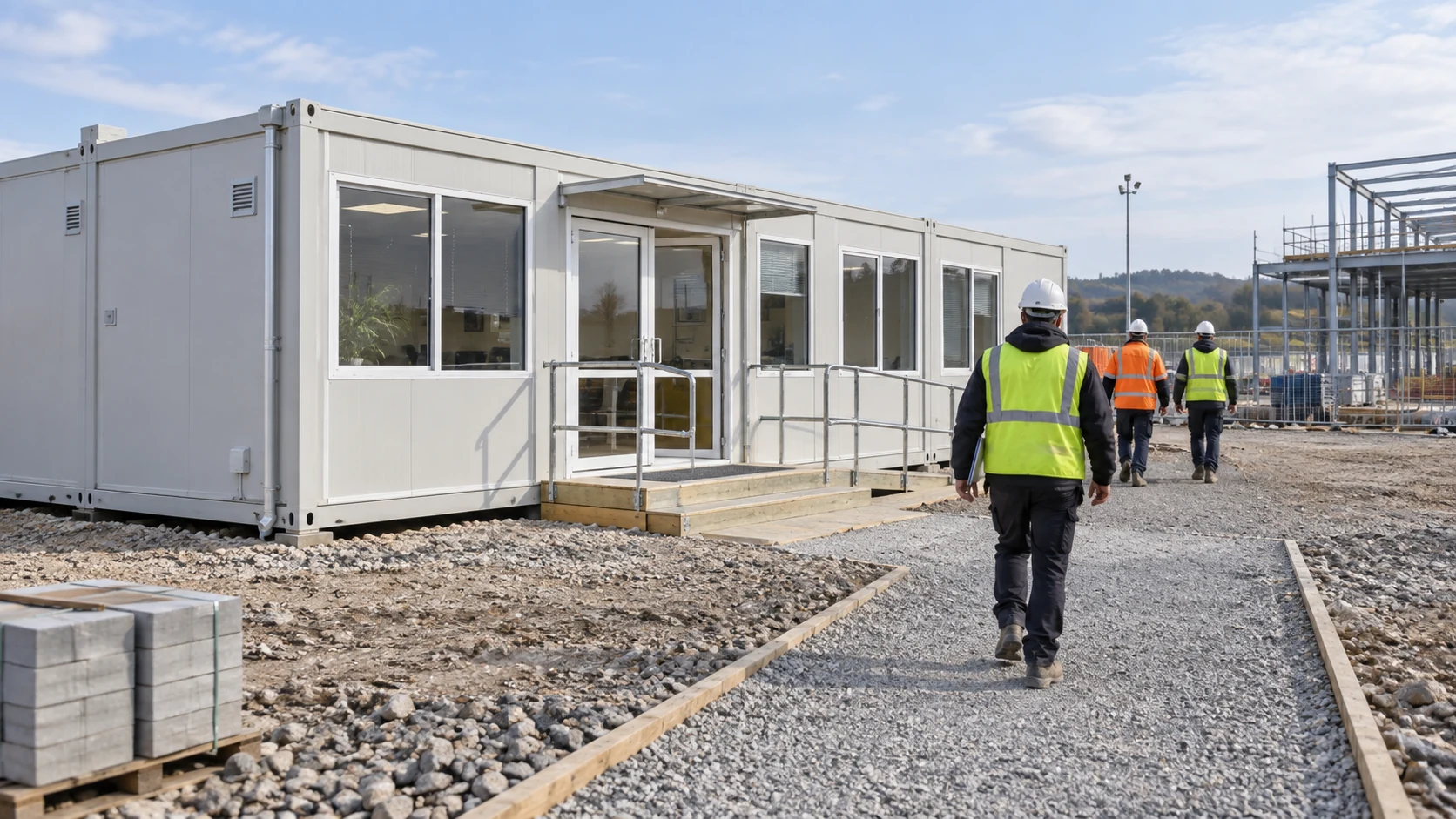 Illustrative pedestrian approach to a modular site office entrance