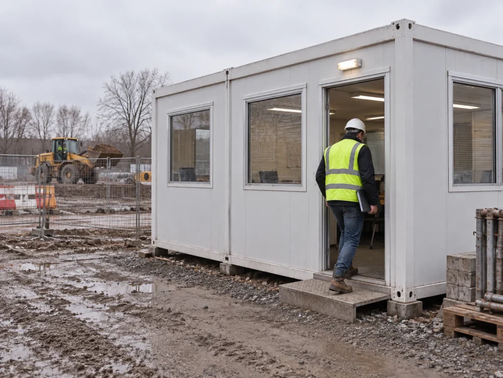 Illustrative container site office with a site manager near ordinary construction traffic