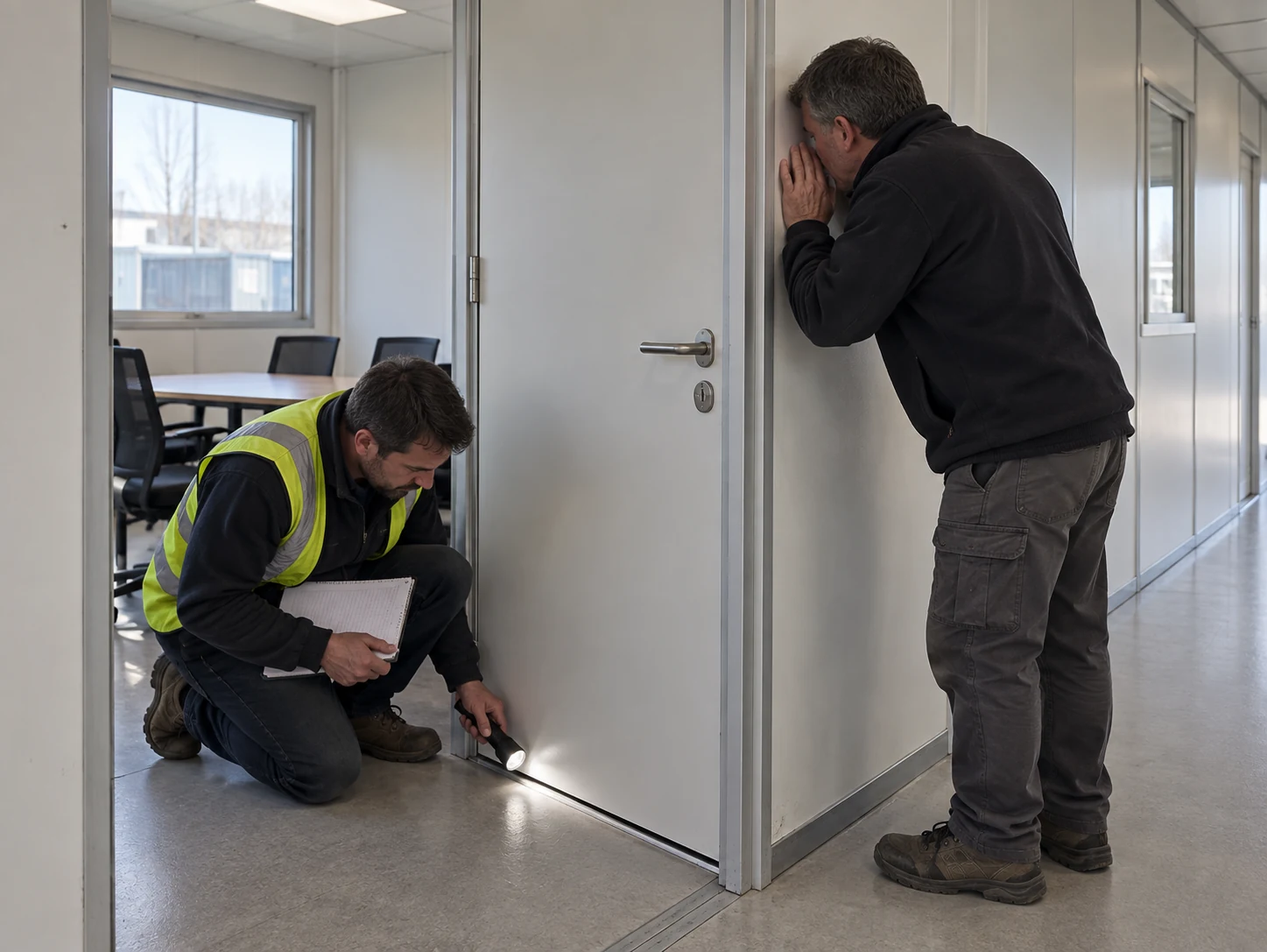 Illustrative installer checking a meeting-room door seal in a modular site office