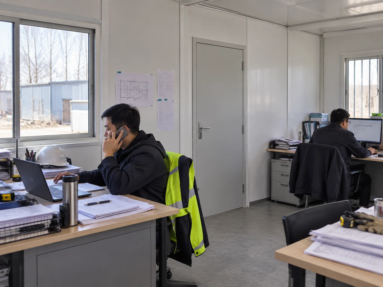 Illustrative engineer taking a project call inside a practical container office