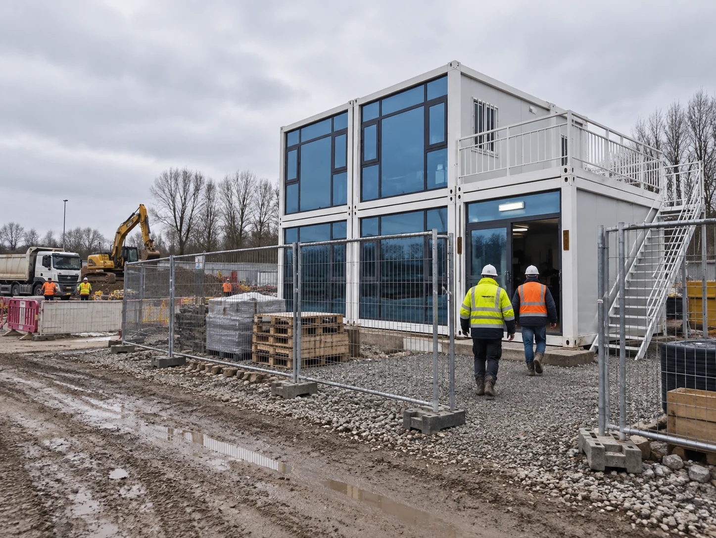 Illustrative two-storey modular site office positioned away from a truck route