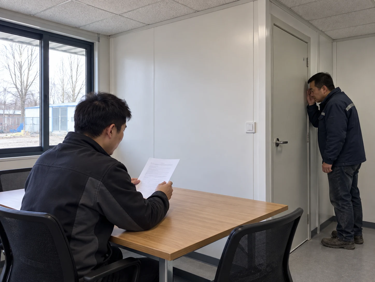 Illustrative speech-privacy listening check across a site-office meeting-room door