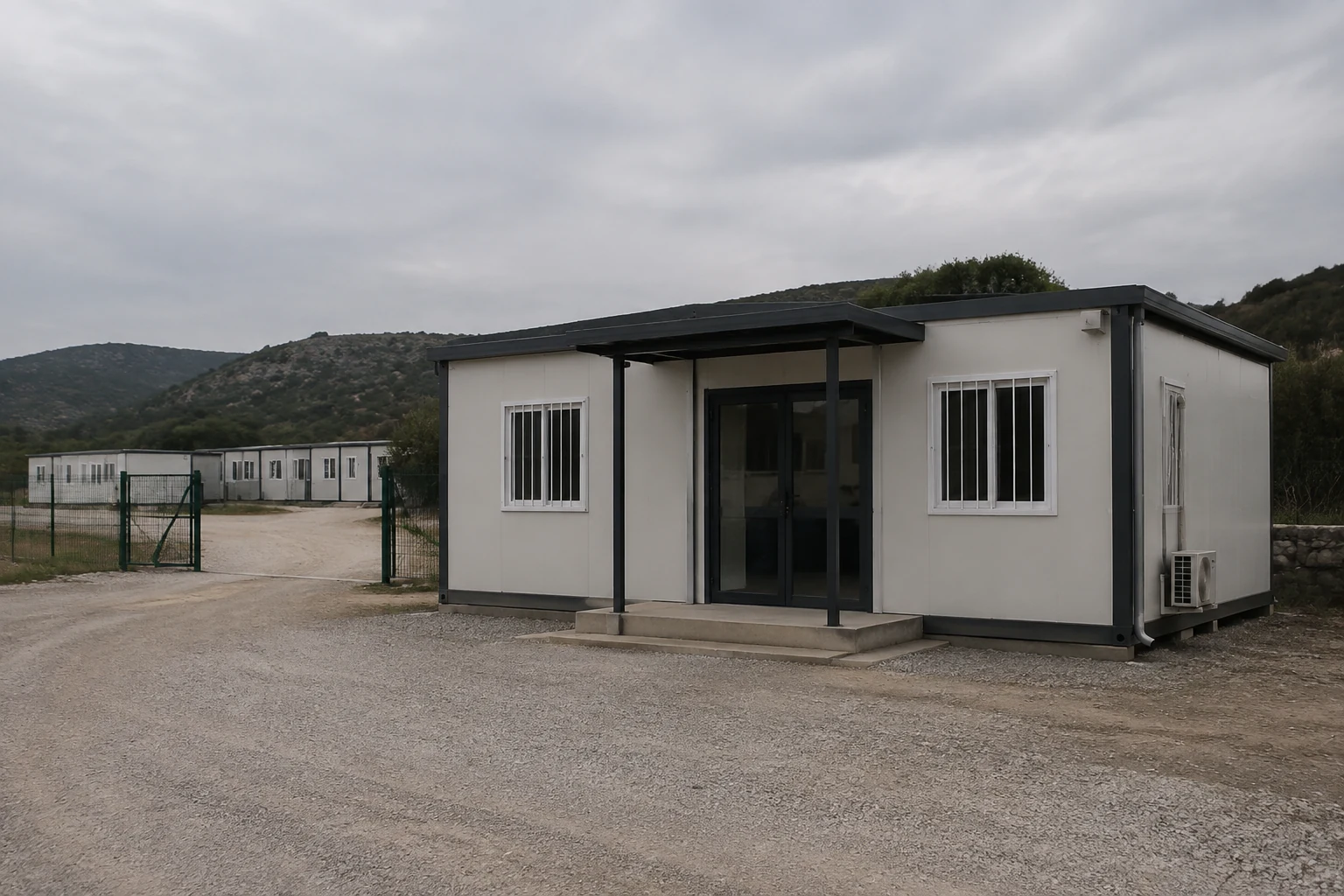 Illustrative modular administration office beside a camp entrance