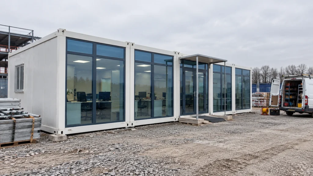 Illustrative connected modular site office on a gravel project site