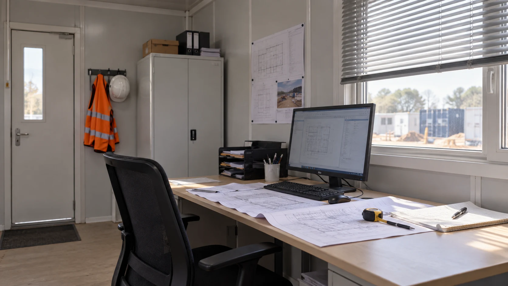 Illustrative modular office workstation beside a window with adjustable blinds