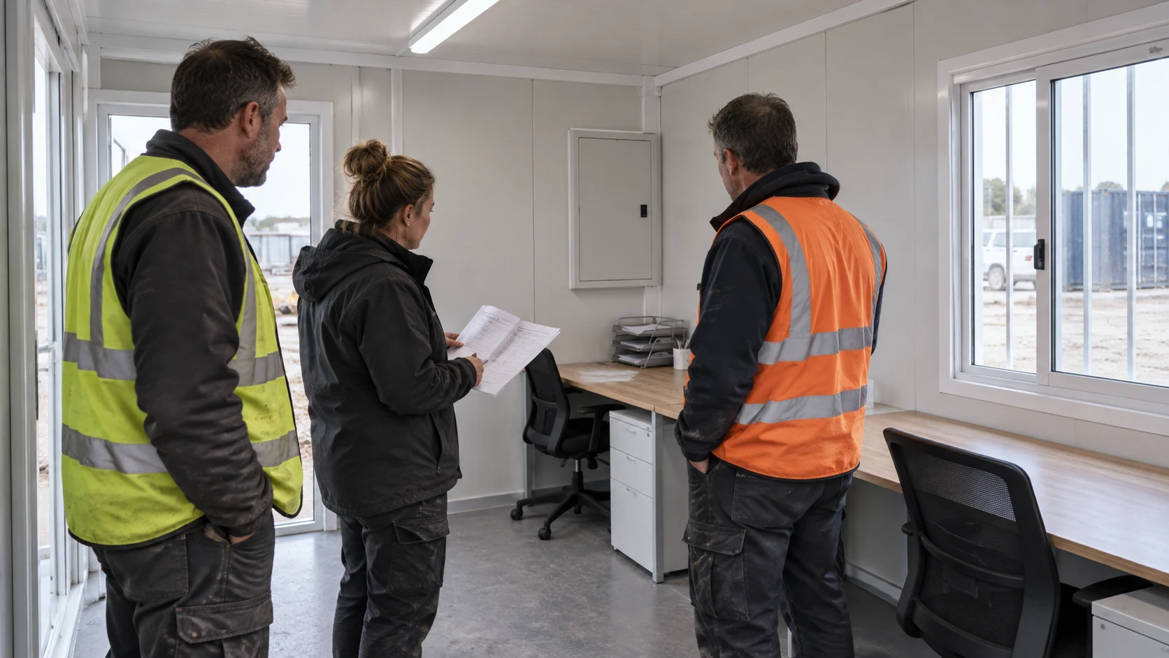Illustrative team reviewing a modular site office at practical handover