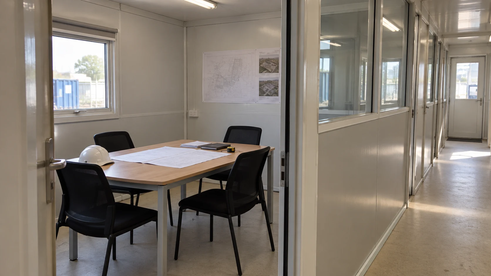 Illustrative modest meeting room and adjacent corridor in a modular office
