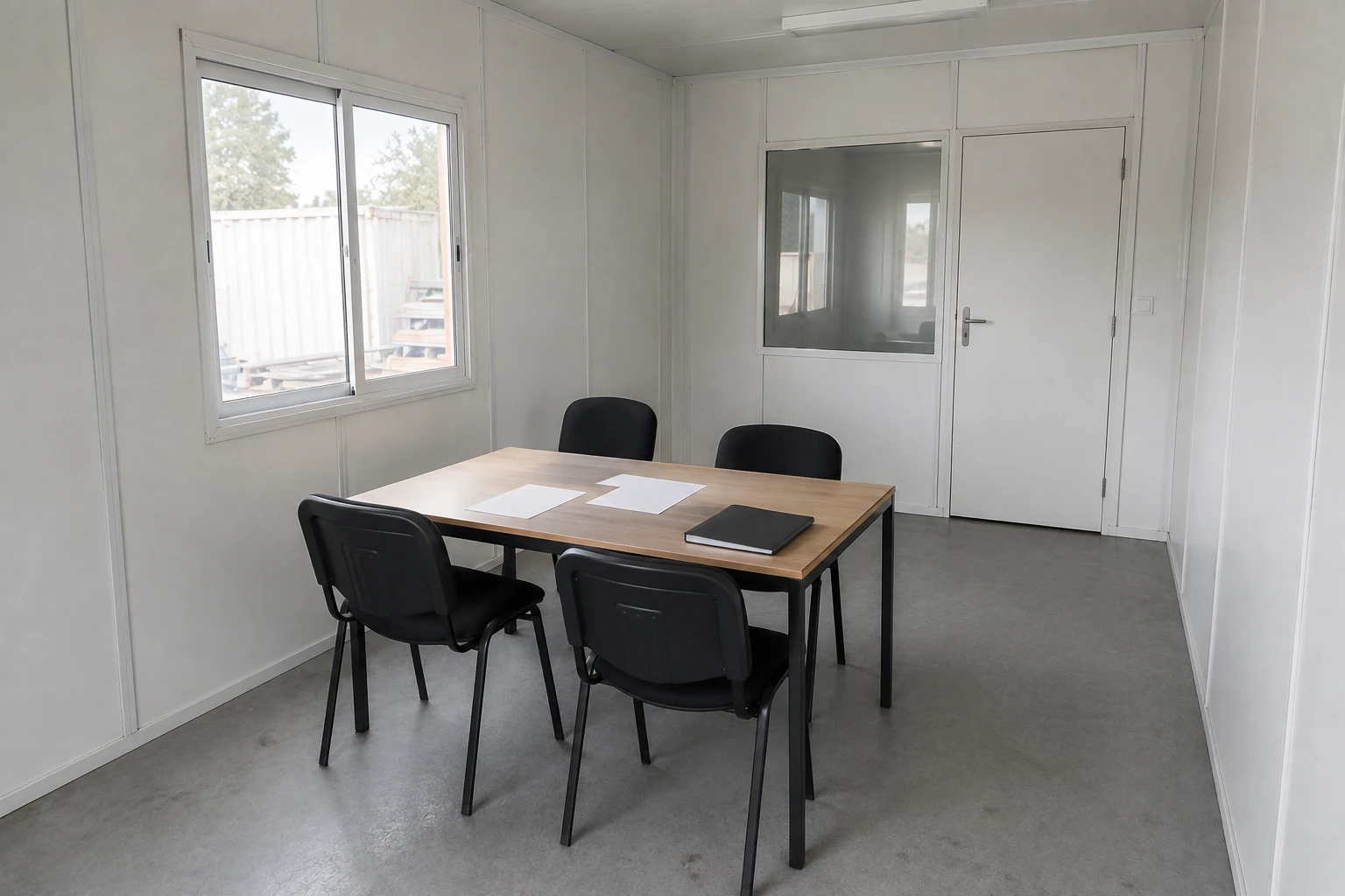Illustrative container office meeting room with a table, four chairs and a glazed partition