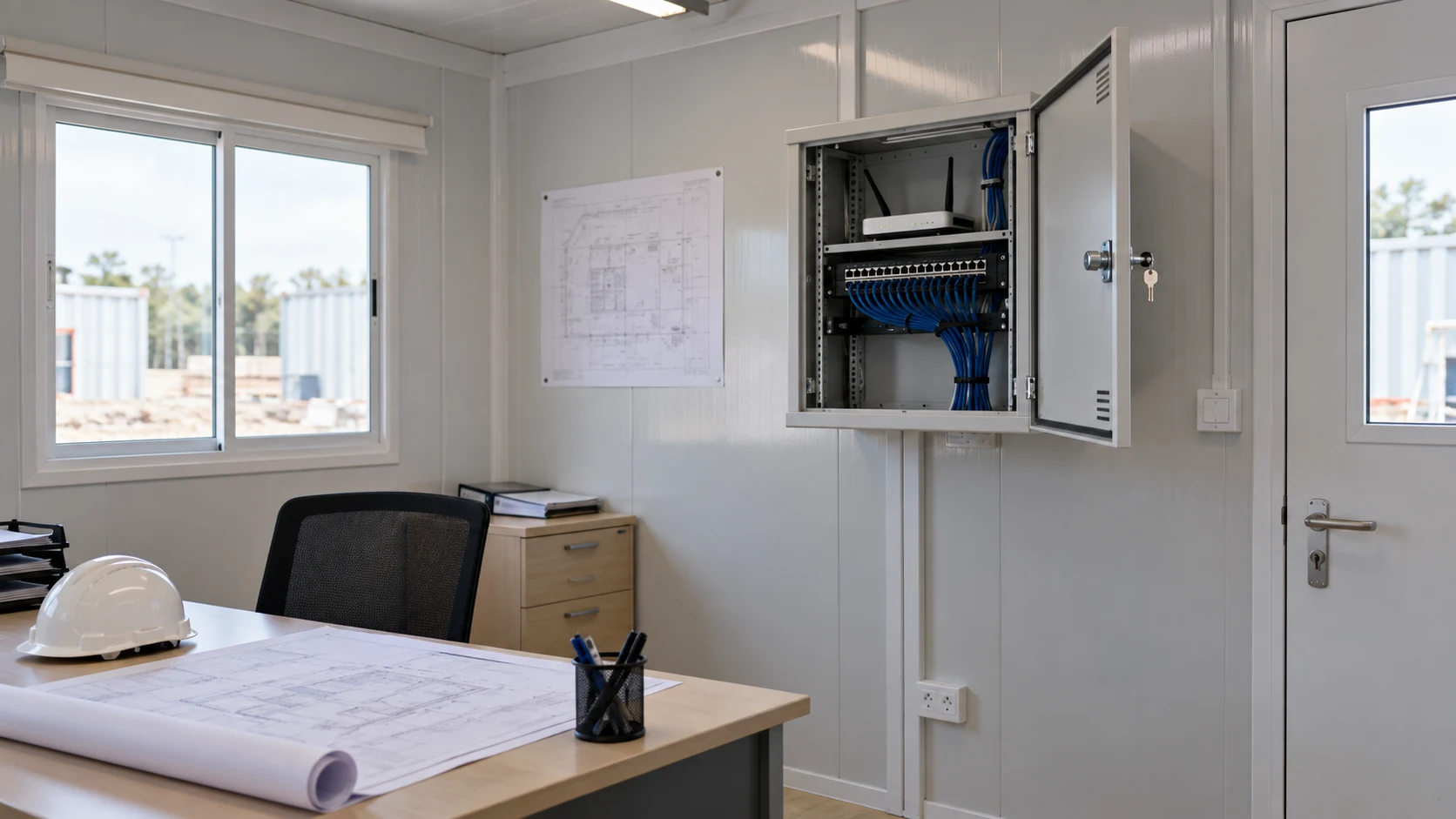 Illustrative modular office communications cabinet and physical cable routes