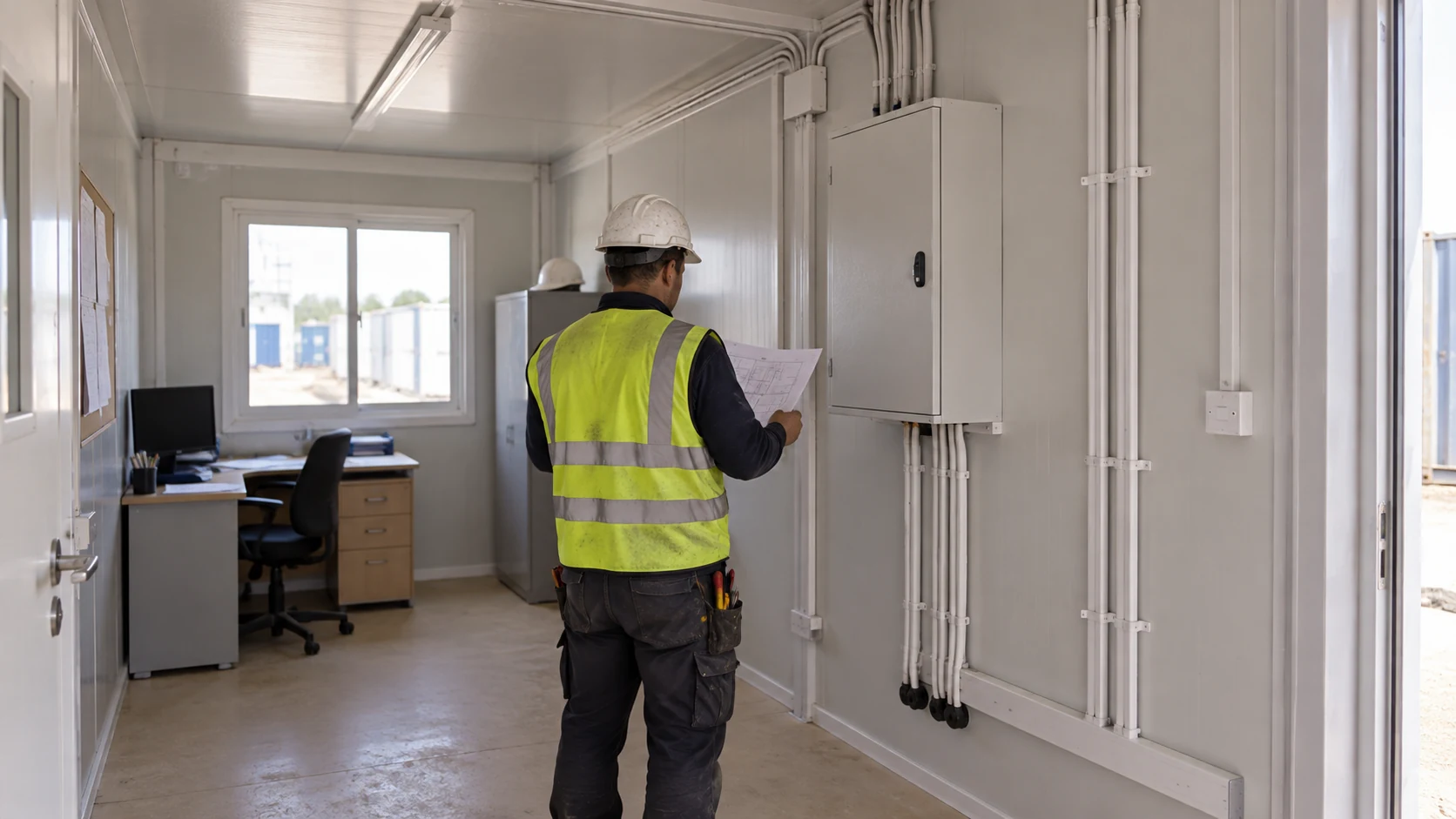 Illustrative electrician reviewing a closed electrical board in a modular office
