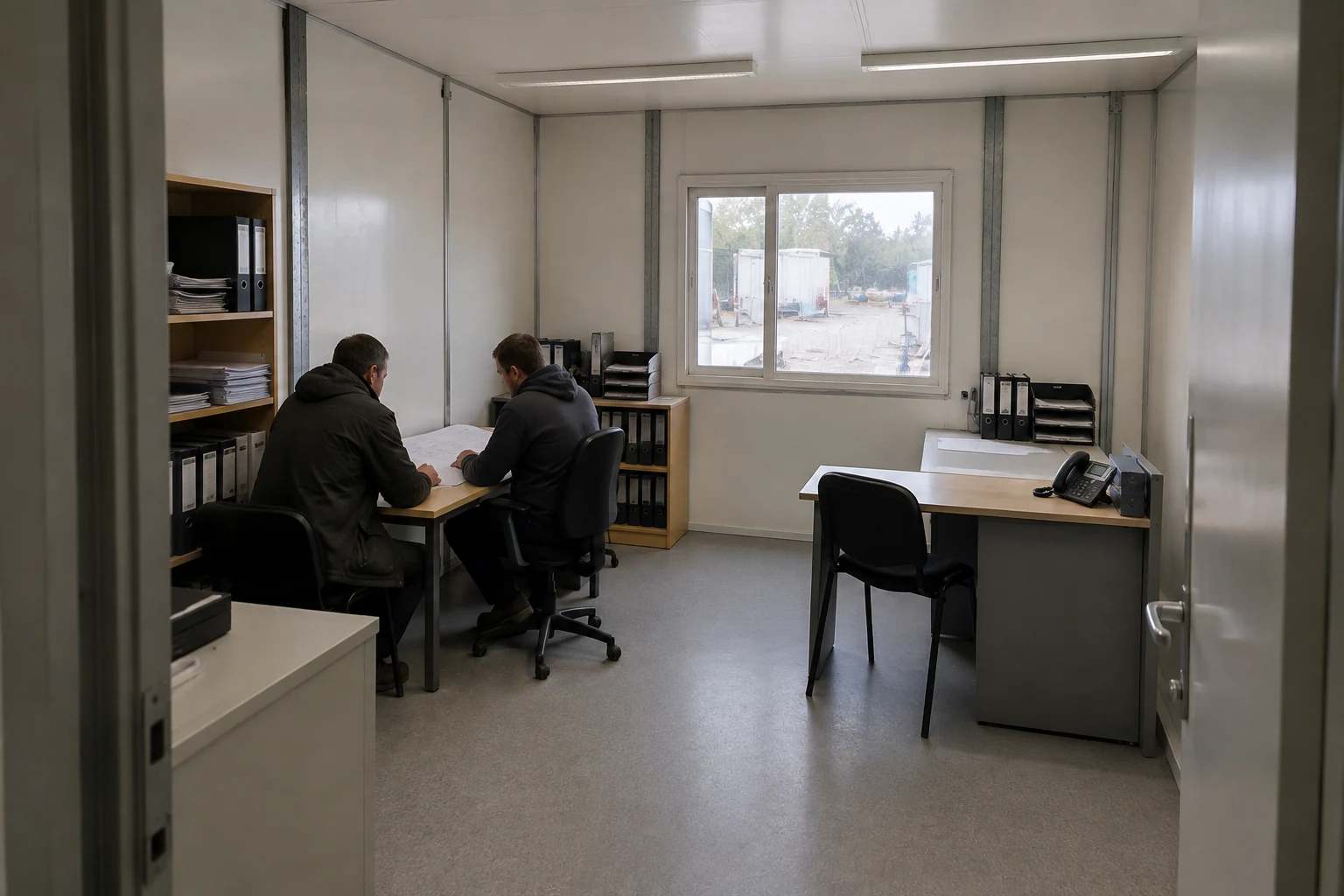 Illustrative project coordinators reviewing drawings inside a modular office