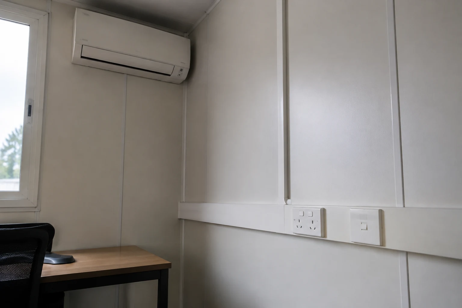 Illustrative office service coordination showing enclosed outlets, cable trunking and cooling provision
