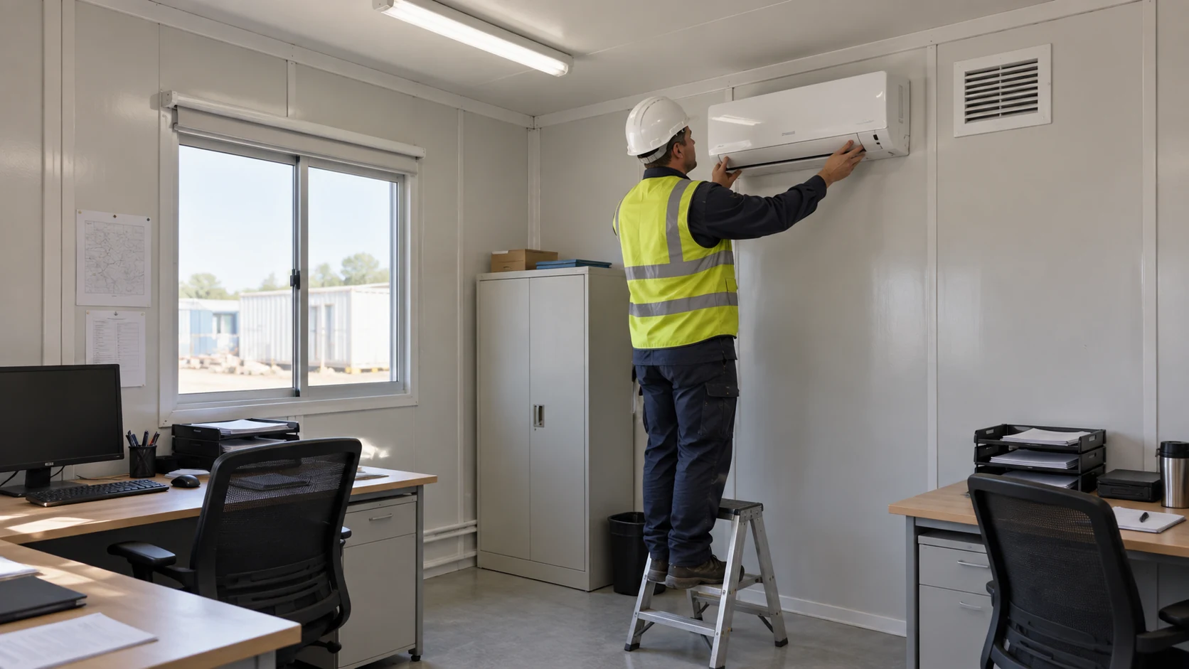 Illustrative technician checking modular office cooling and ventilation equipment