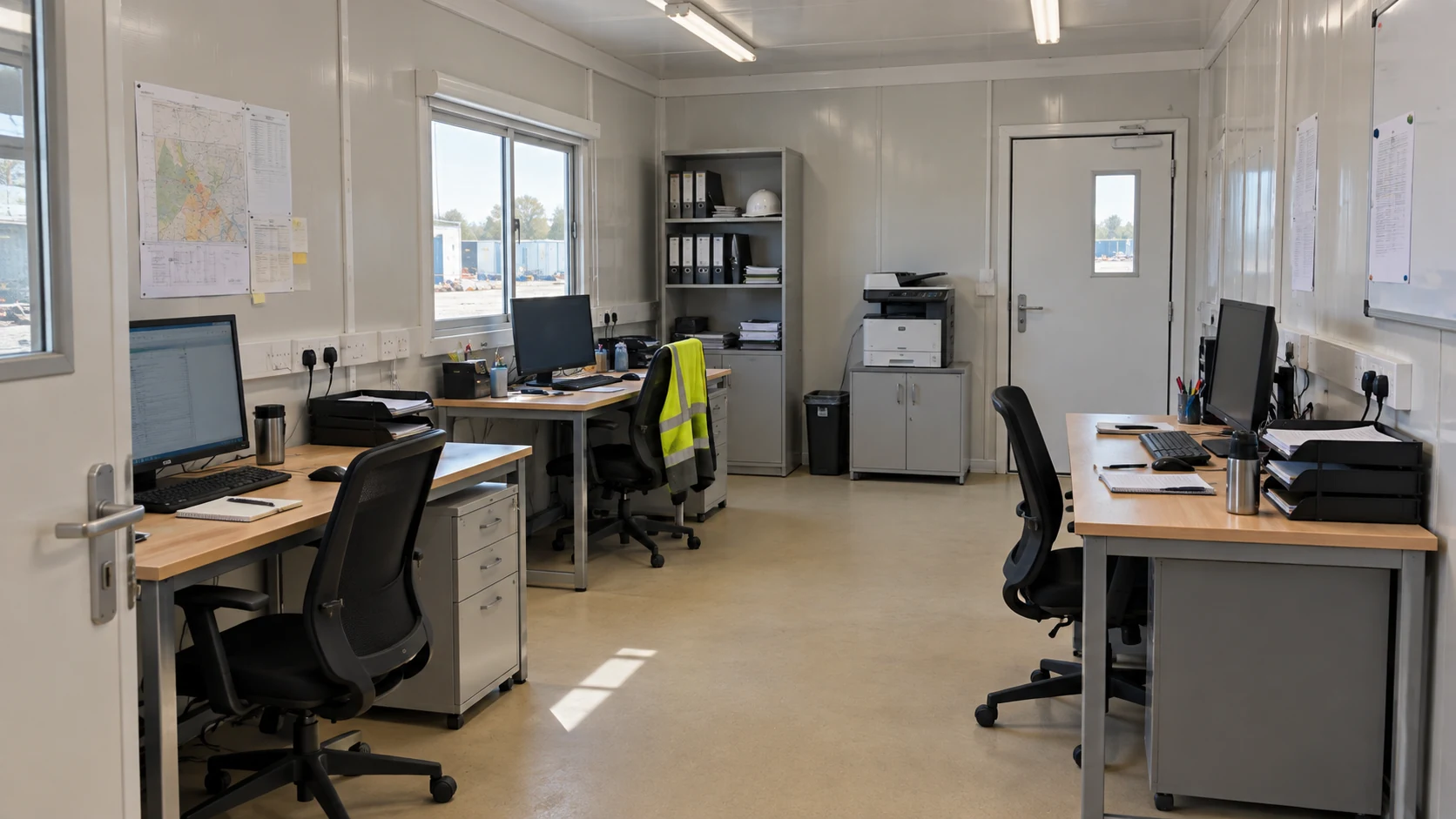 Illustrative practical modular office with desks, printer and equipment
