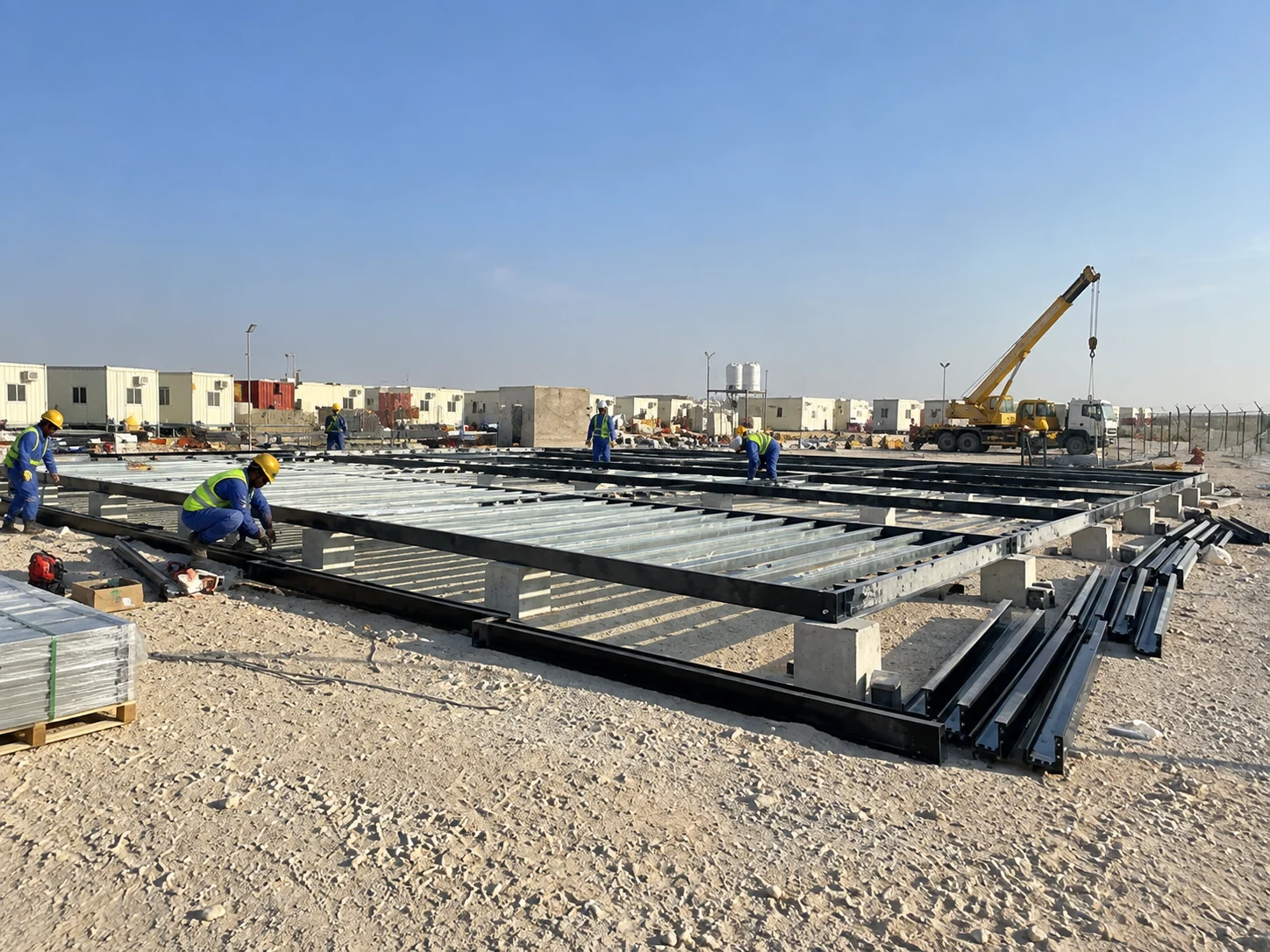Workers assembling steel floor frames on prepared ground for the Oman welfare project