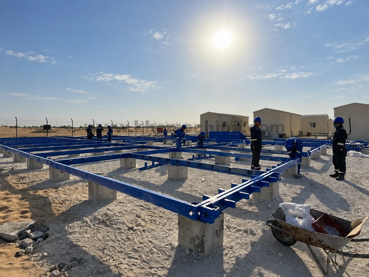 Blue steel base frames set on concrete supports at the Oman energy site