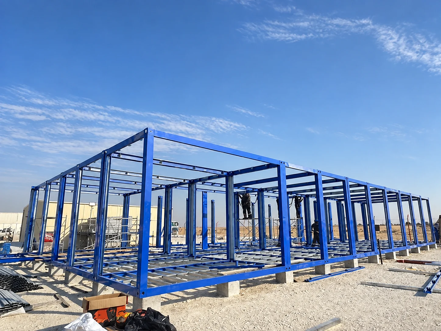 Blue steel structure of a larger modular building during site assembly