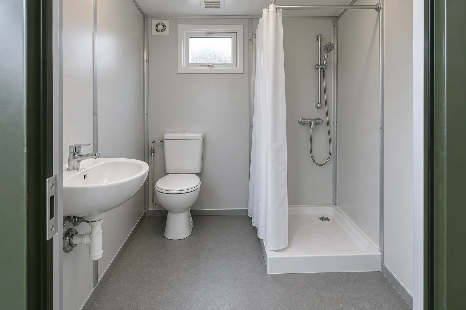 Concept portable bathroom interior with WC, washbasin and a separated shower area