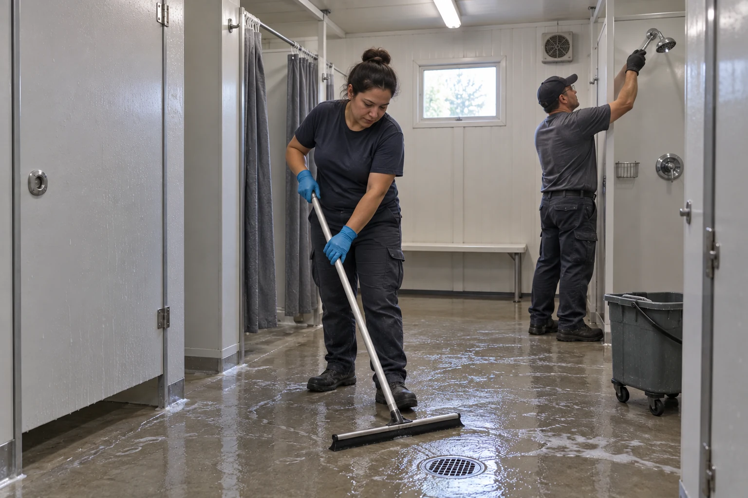 Illustrative cleaning and showerhead inspection between shifts in a portable shower block