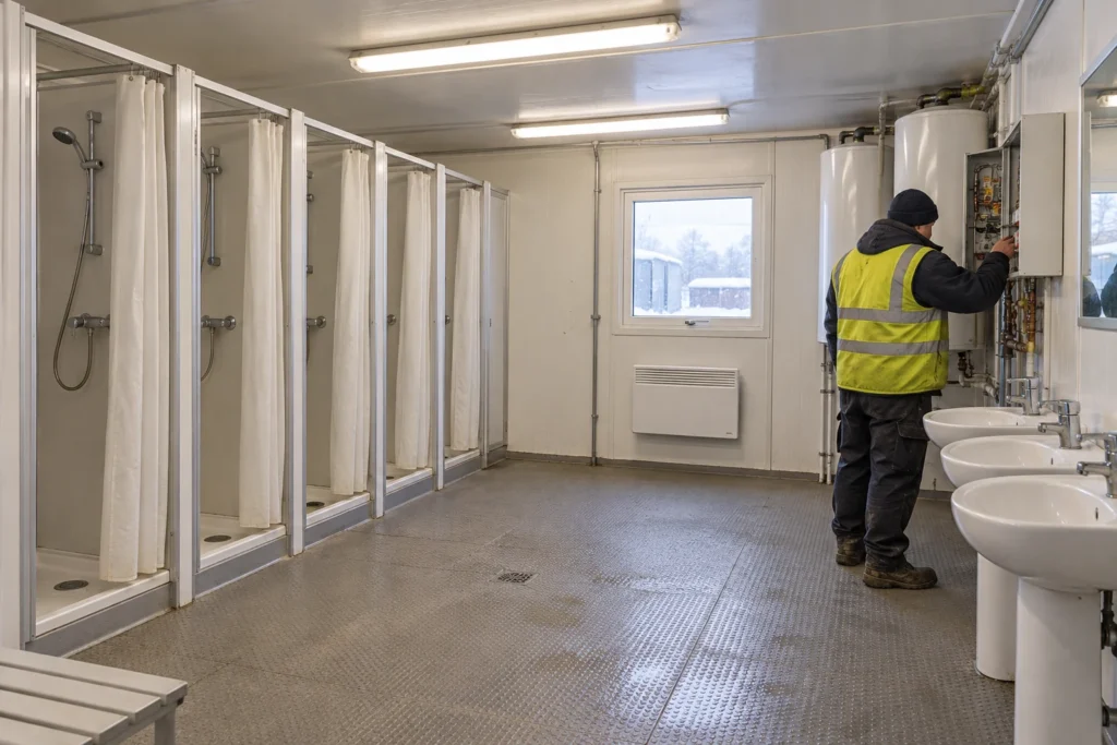 Illustrative multi-cubicle shower unit interior with a maintenance worker checking services