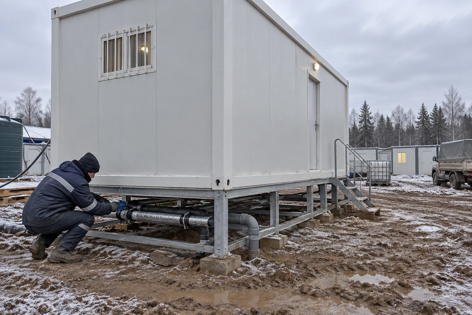 Illustrative technician inspecting insulated shower-unit water and drain connections in cold weather
