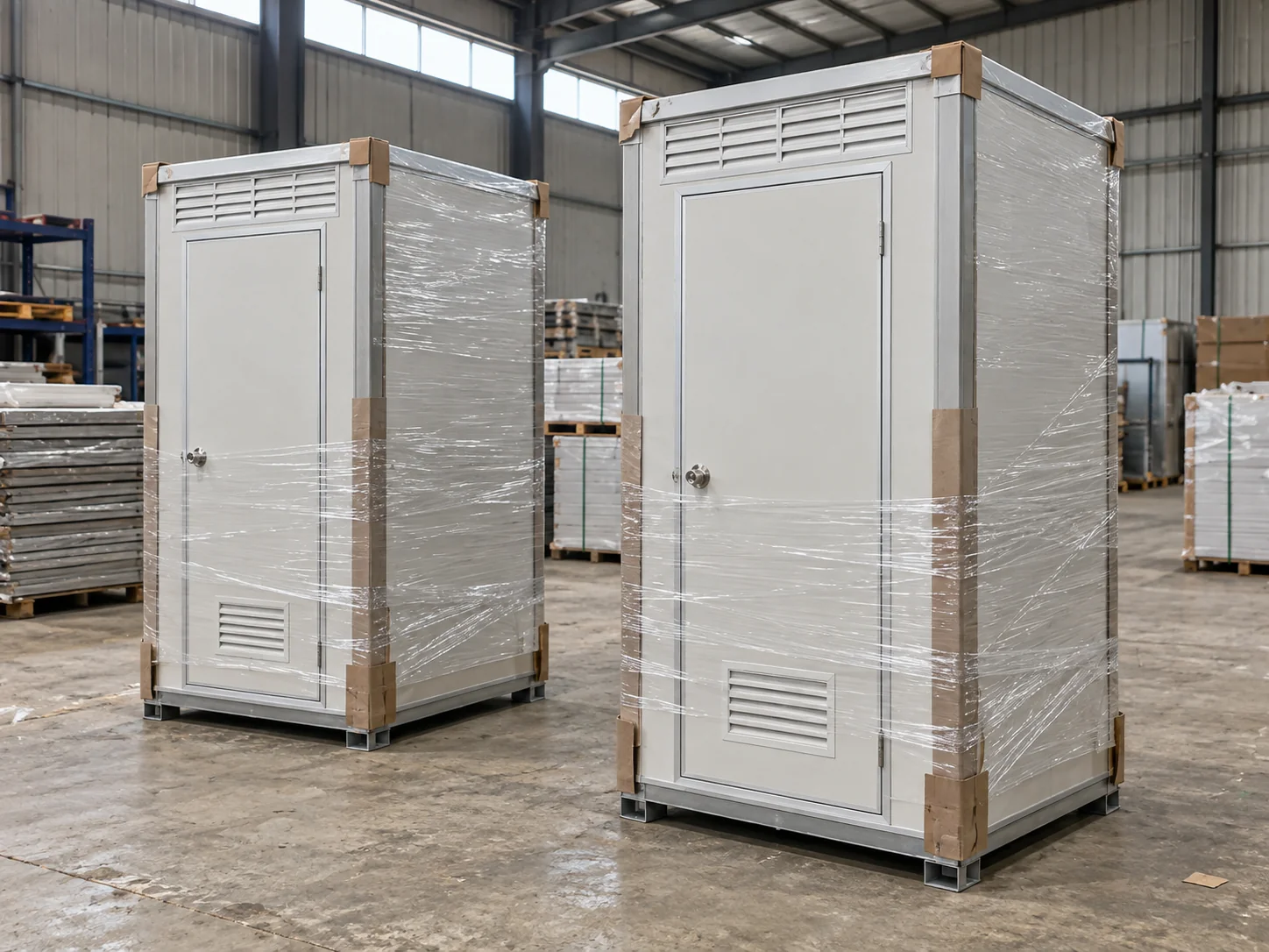 Illustration of assembled single-cubicle toilet cabins protected for shipment
