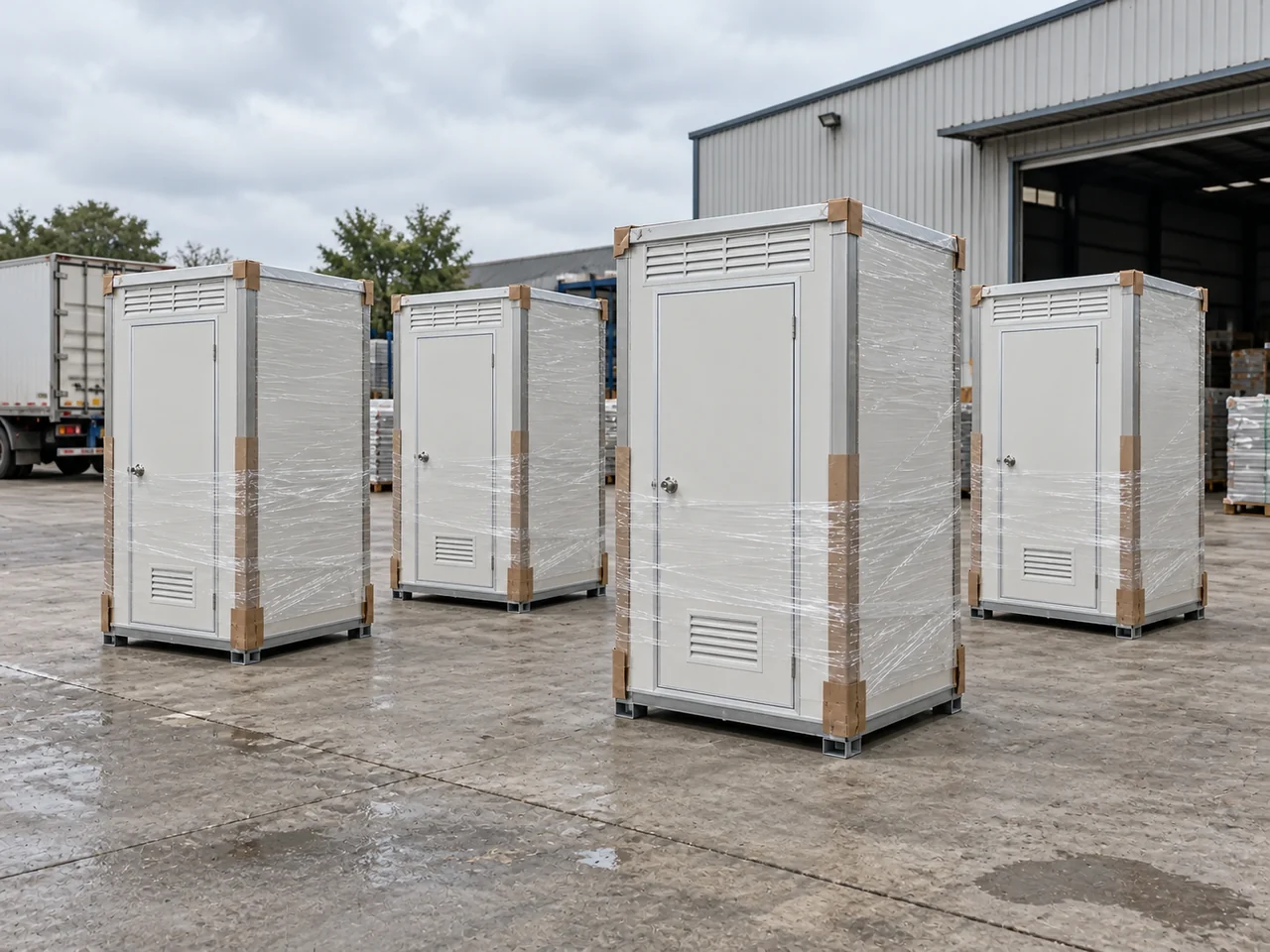 Illustrative batch of wrapped portable toilet cabins awaiting delivery