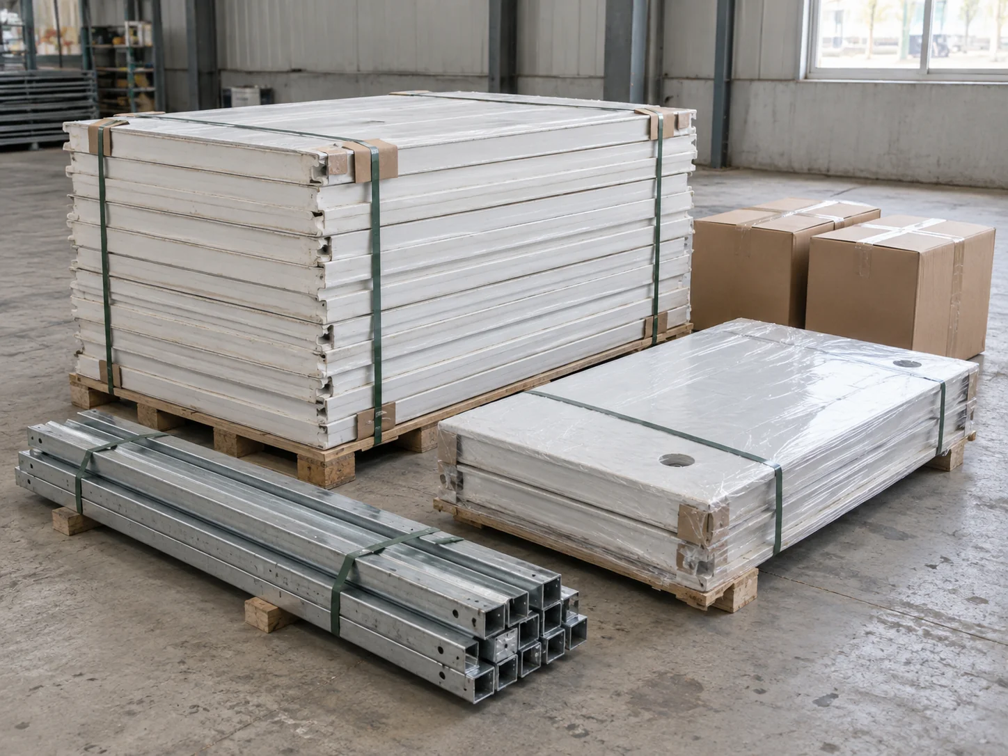 Illustration of packed toilet-cabin panels, frame components and fixture cartons