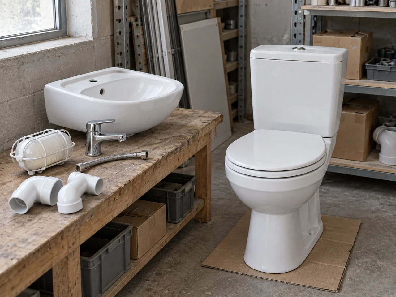 Illustrative toilet, washbasin and service fittings ready for selection