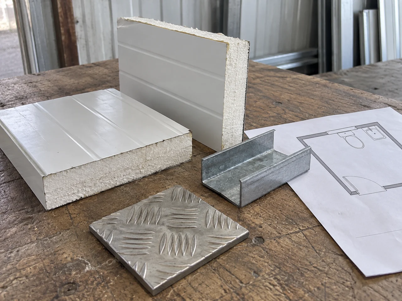Illustrative wall panel, frame and floor samples with a portable toilet layout