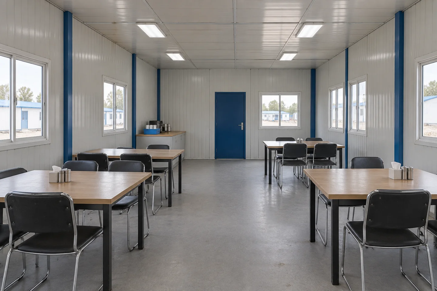 Illustrative shared dining space in a prefabricated site building