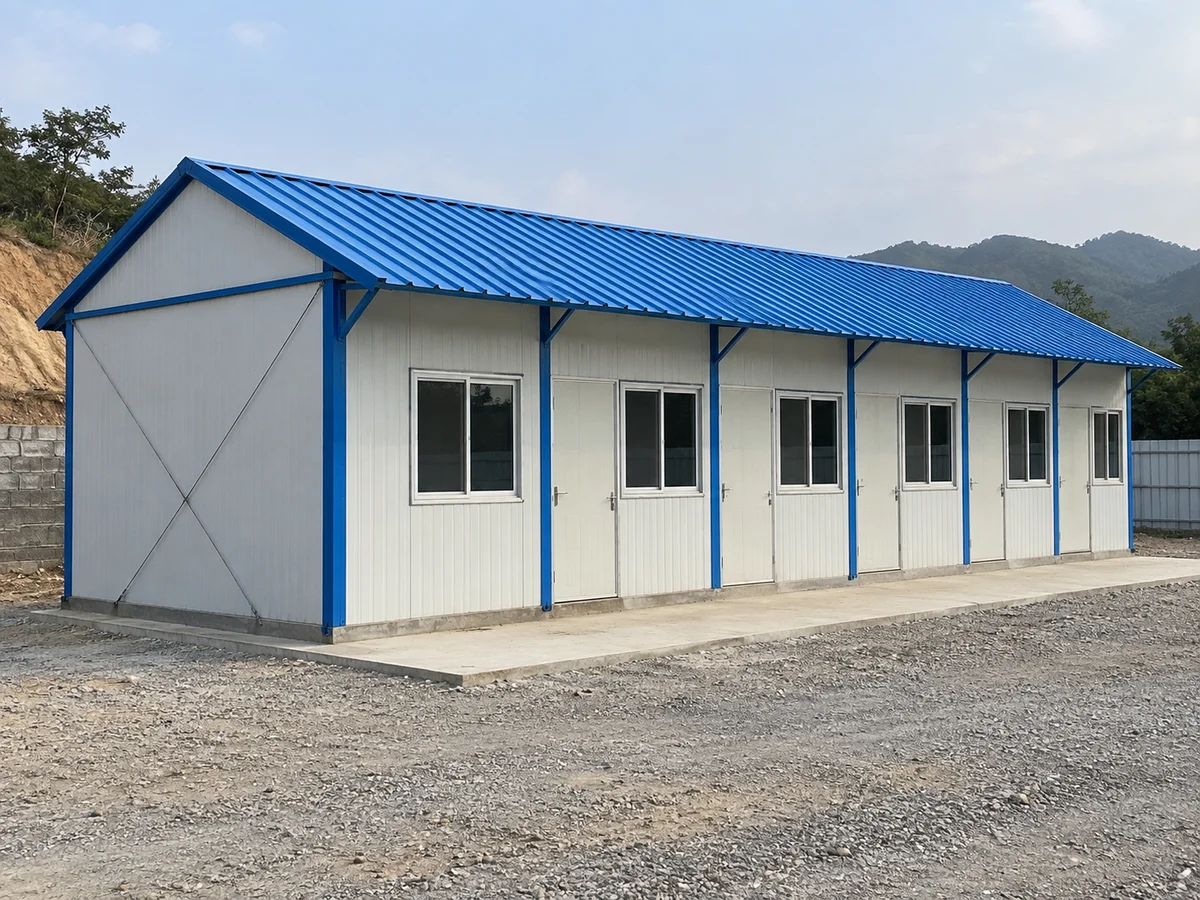 Illustrative single-storey prefab K house with simple doors and windows