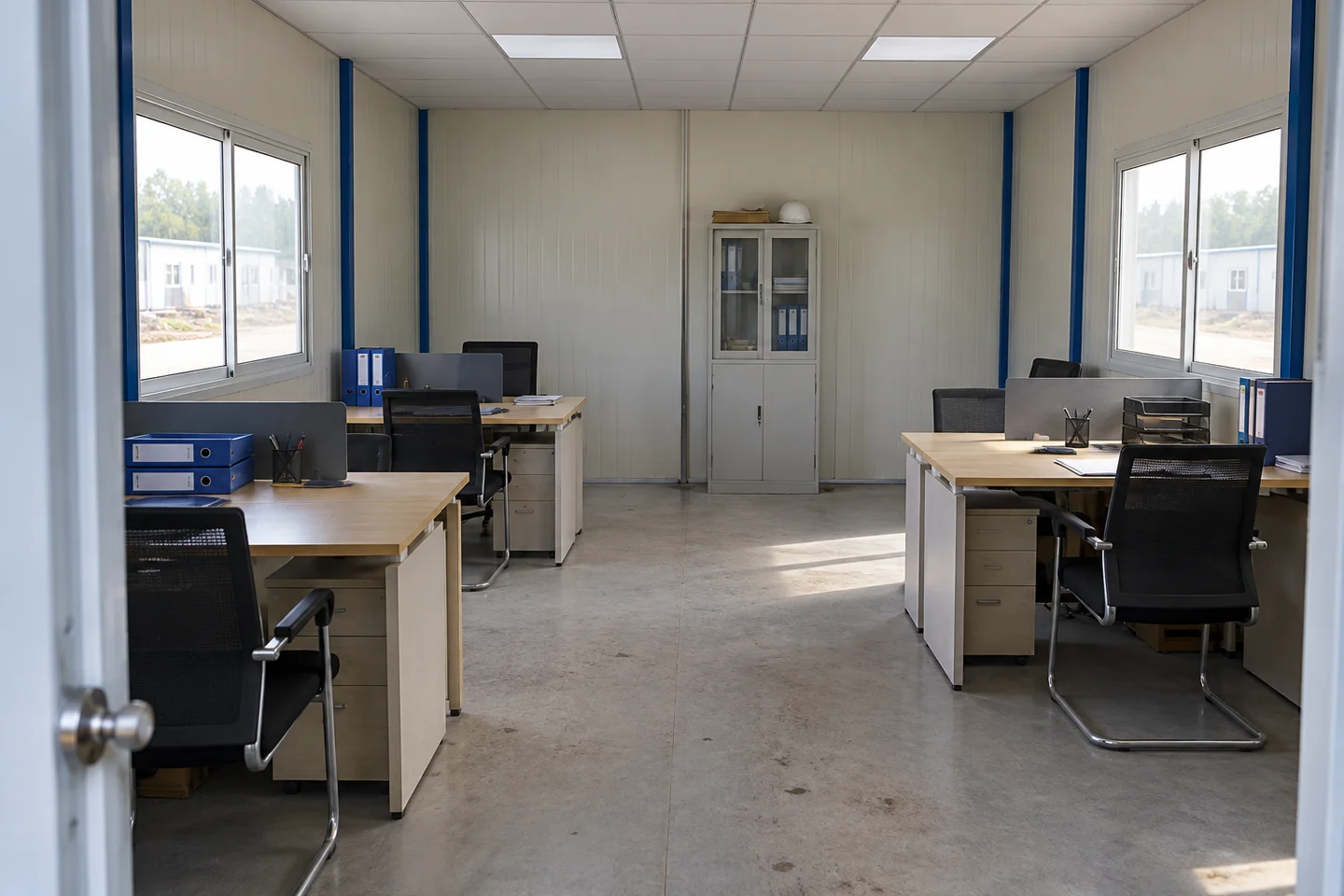 Illustrative K-type site office interior with practical workspaces