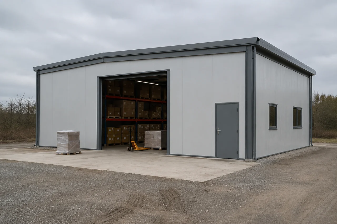 Illustrative prefabricated storage building with a goods entrance and palletised supplies