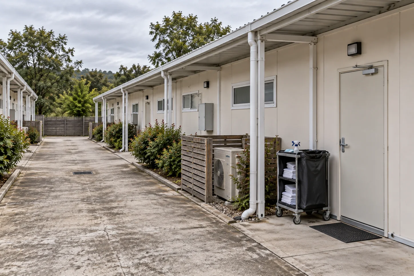 Back-of-house access lane beside modular hotel rooms