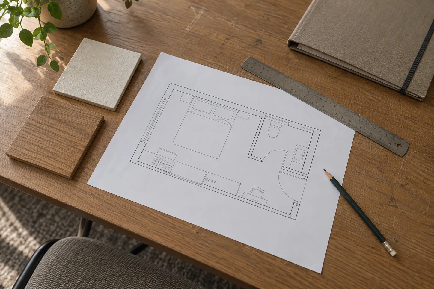 Guestroom layout drawing and finish samples prepared for review