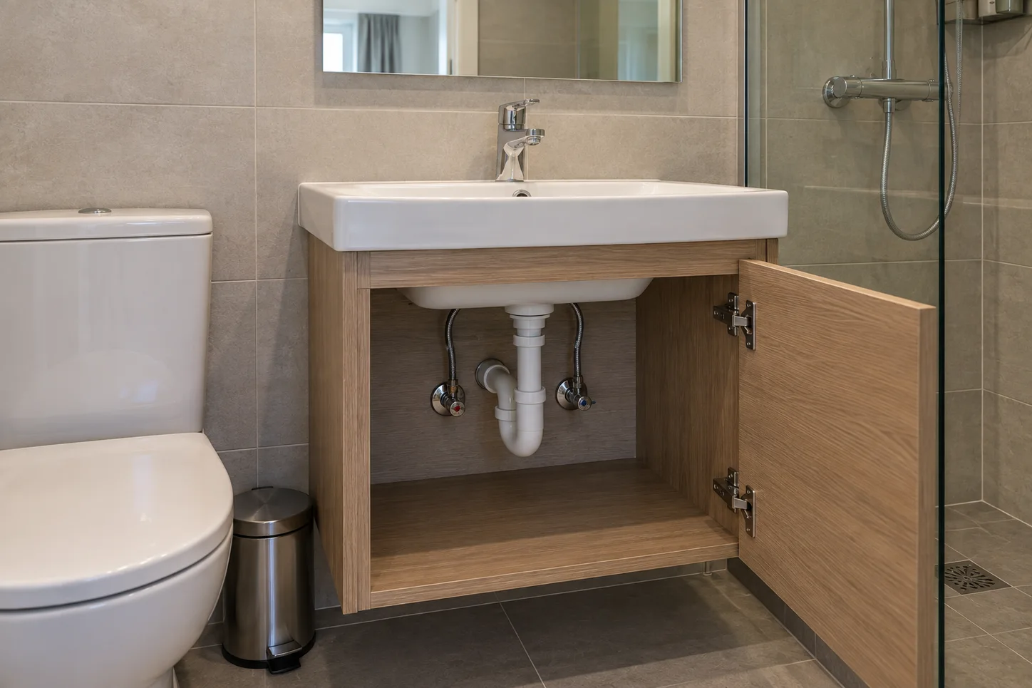 Bathroom vanity with accessible water supply and drain connections