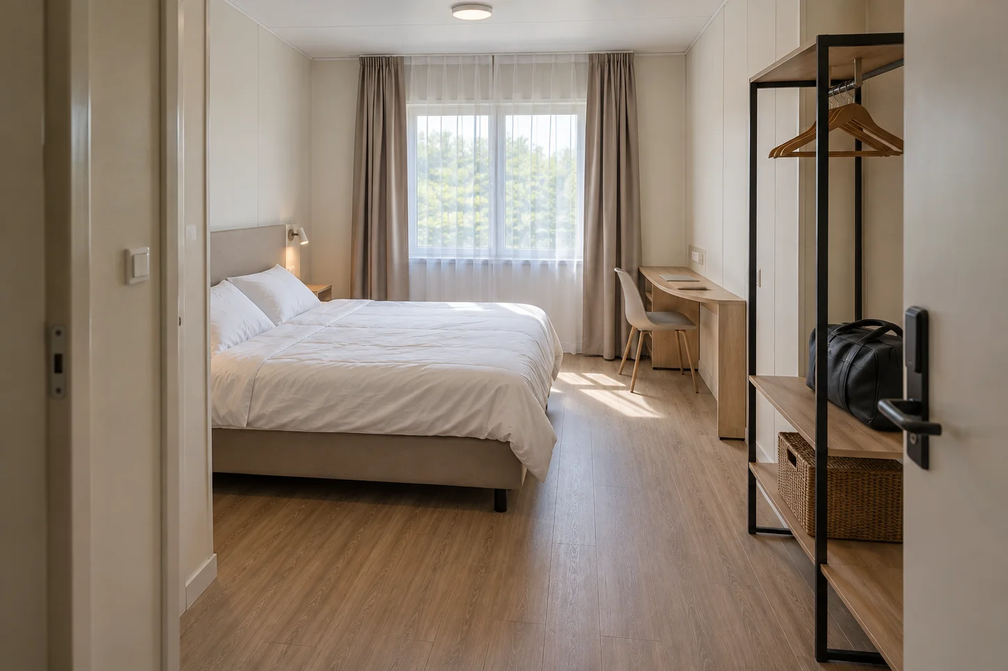 Guestroom furniture arrangement with a clear walking aisle