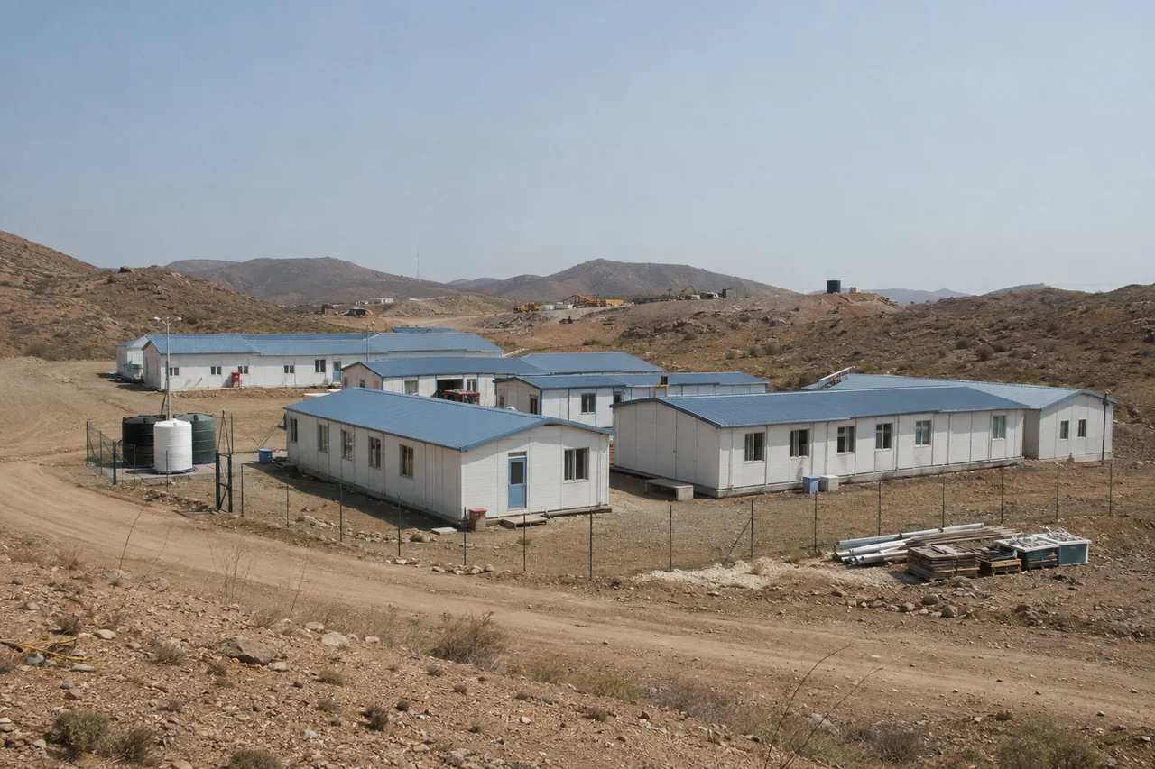 Illustrative modular accommodation and service area in remote dry terrain