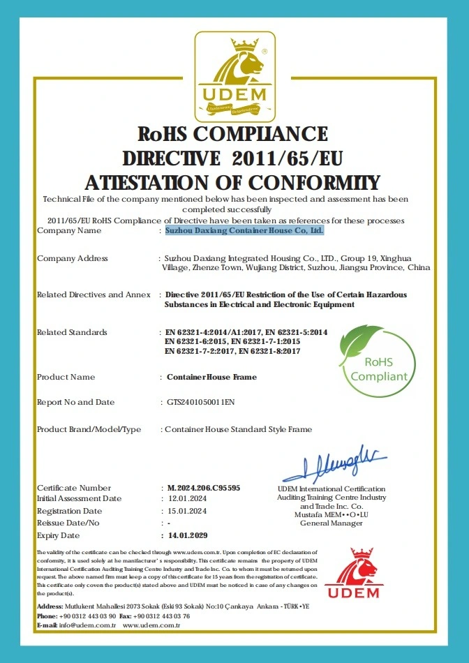 RoHS Frame Attestation — Suzhou Daxiang Container House Co., Ltd.